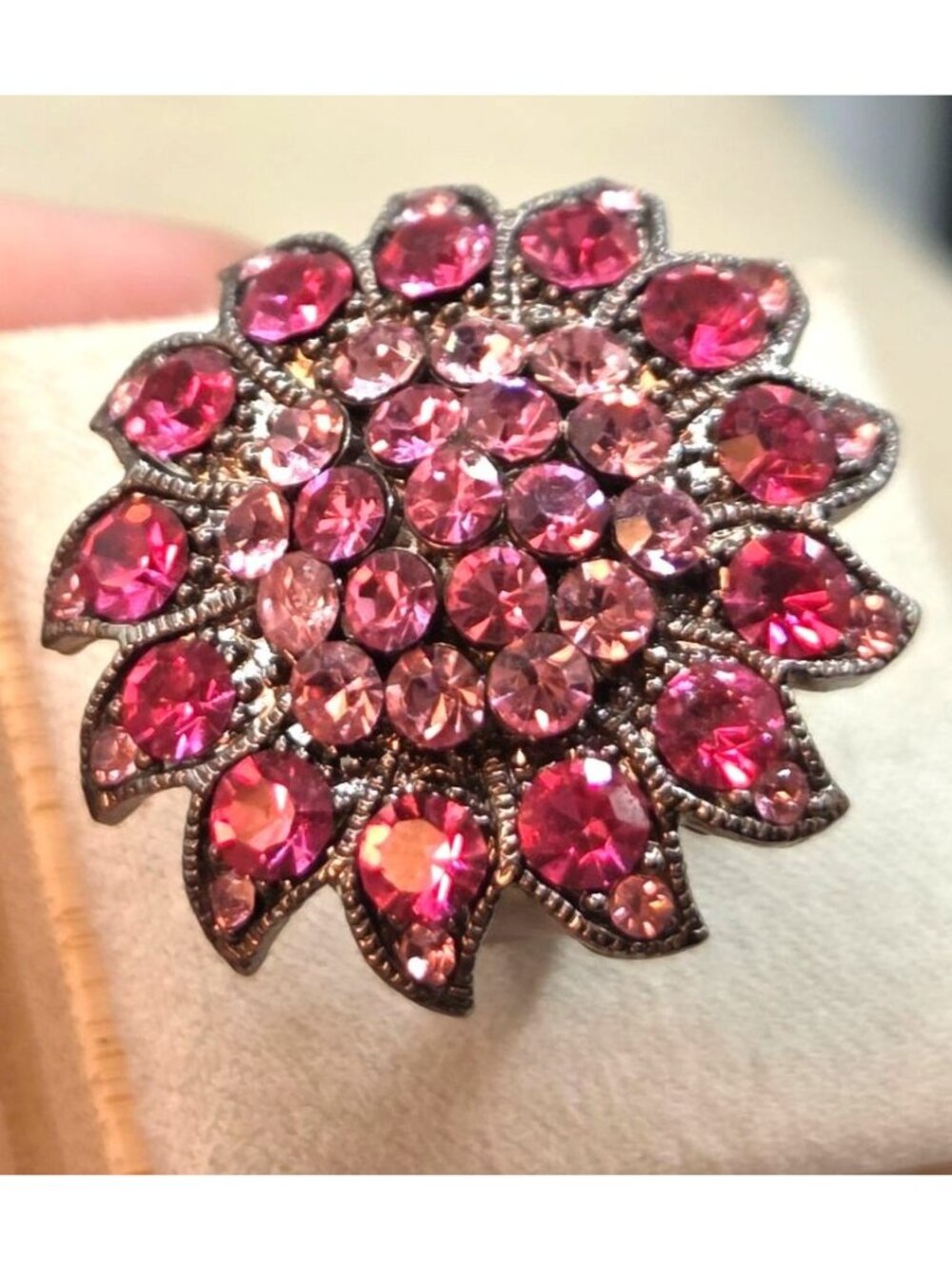 Pink Rhinestone Floral Statement Ring Adjustable Fit